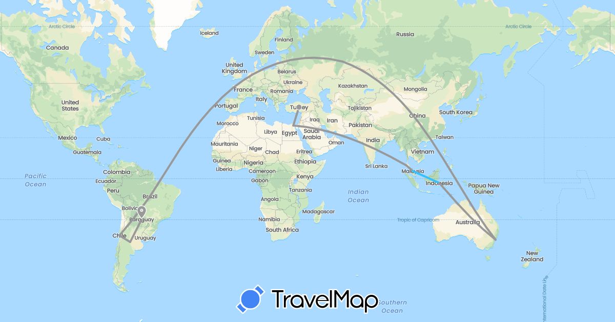 TravelMap itinerary: driving, plane, boat in Argentina, Australia, Brazil, Chile, Egypt, Indonesia, Malaysia, Paraguay, Russia, Thailand, Turkey (Africa, Asia, Europe, Oceania, South America)